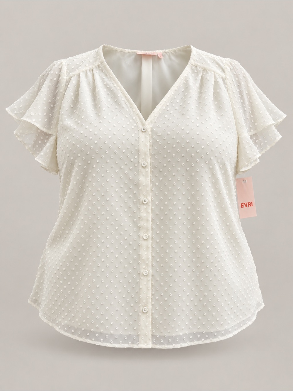 EVRI Ivory Swiss Dot Flutter Sleeve Button Front Blouse 1X NWT